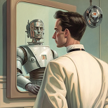 Surgeon looking at a robot in the mirror
